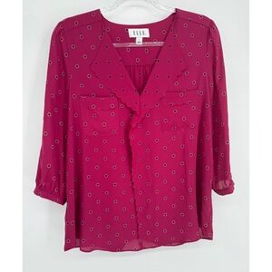 ELLE Magenta Pink Daisy Dot Scalloped V-Neck 3/4 Sleeve Blouse Top Sz L